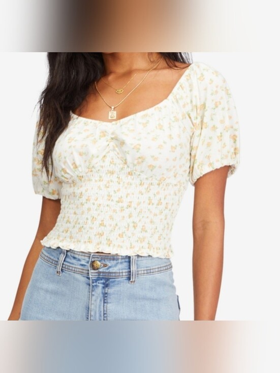 Billabong Tops - Billabong Get Along 100% Cotton Floral Smocked Puff-Sleeve Crop Top Size Large